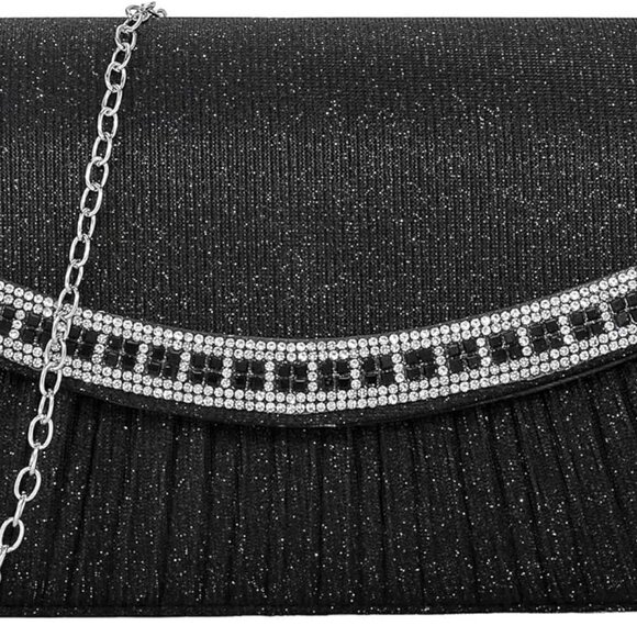 Pleated Evening Clutch Bag Rhinestone Envelope Handbag Small Glitter Shoulder Cr - Picture 1 of 8